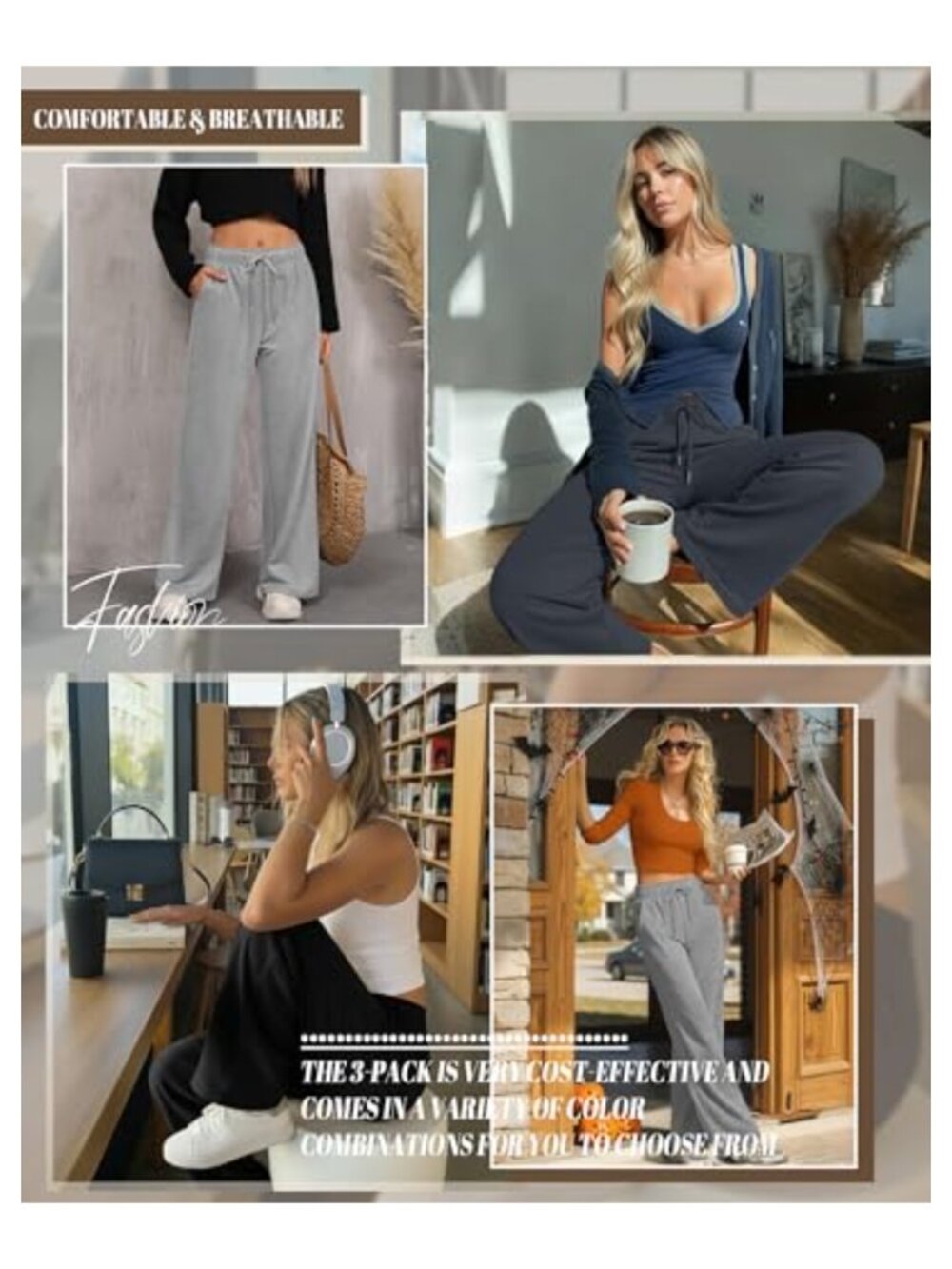 Wide Leg Sweatpants Baggy Lounge Pants 3 Pack Pull-On - Picture 4 of 6